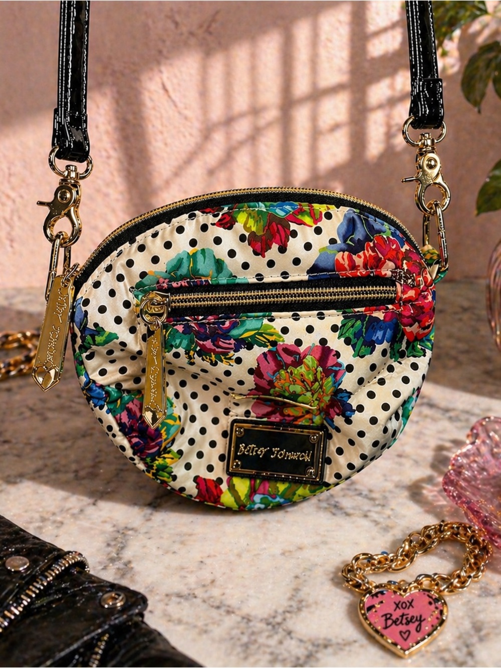 Betsey Johnson Floral Polka Dot Crossbody Bag Mini Purse Y2K Glam - Picture 1 of 5